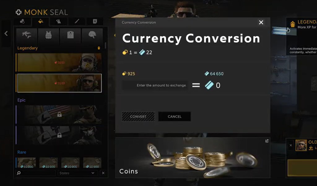 Caliber currency conversion screen showing gold and credits exchange rates