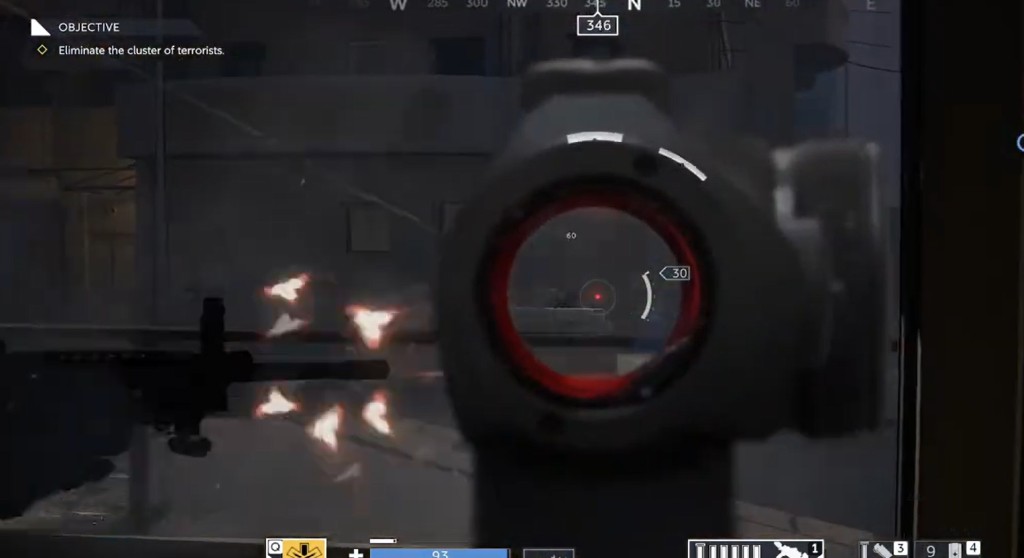 Caliber first-person combat through a red dot sight with muzzle flash