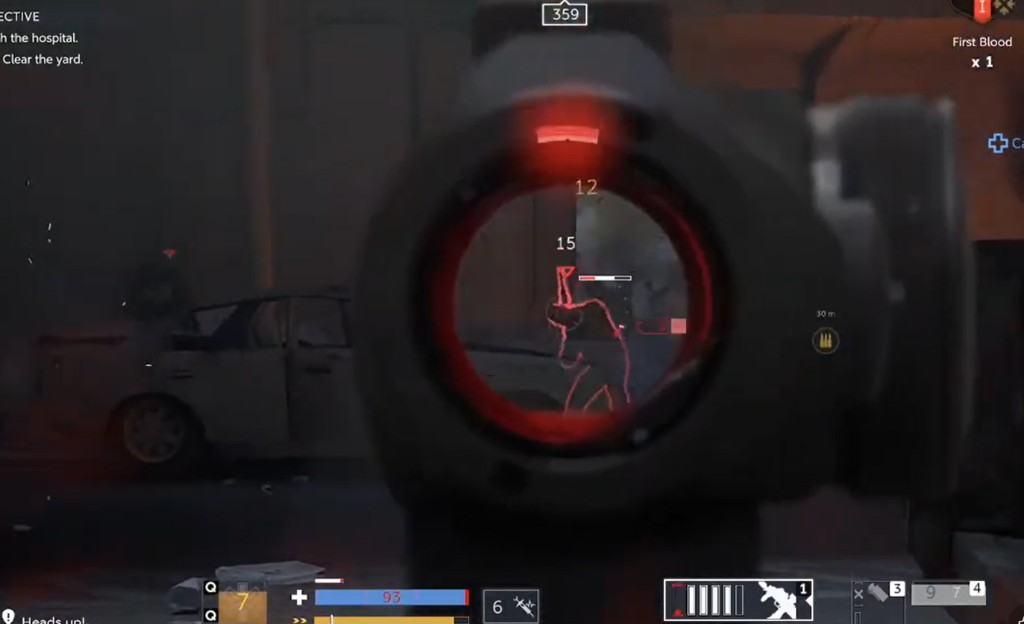 Caliber ESP red outline through a red dot sight during a firefight